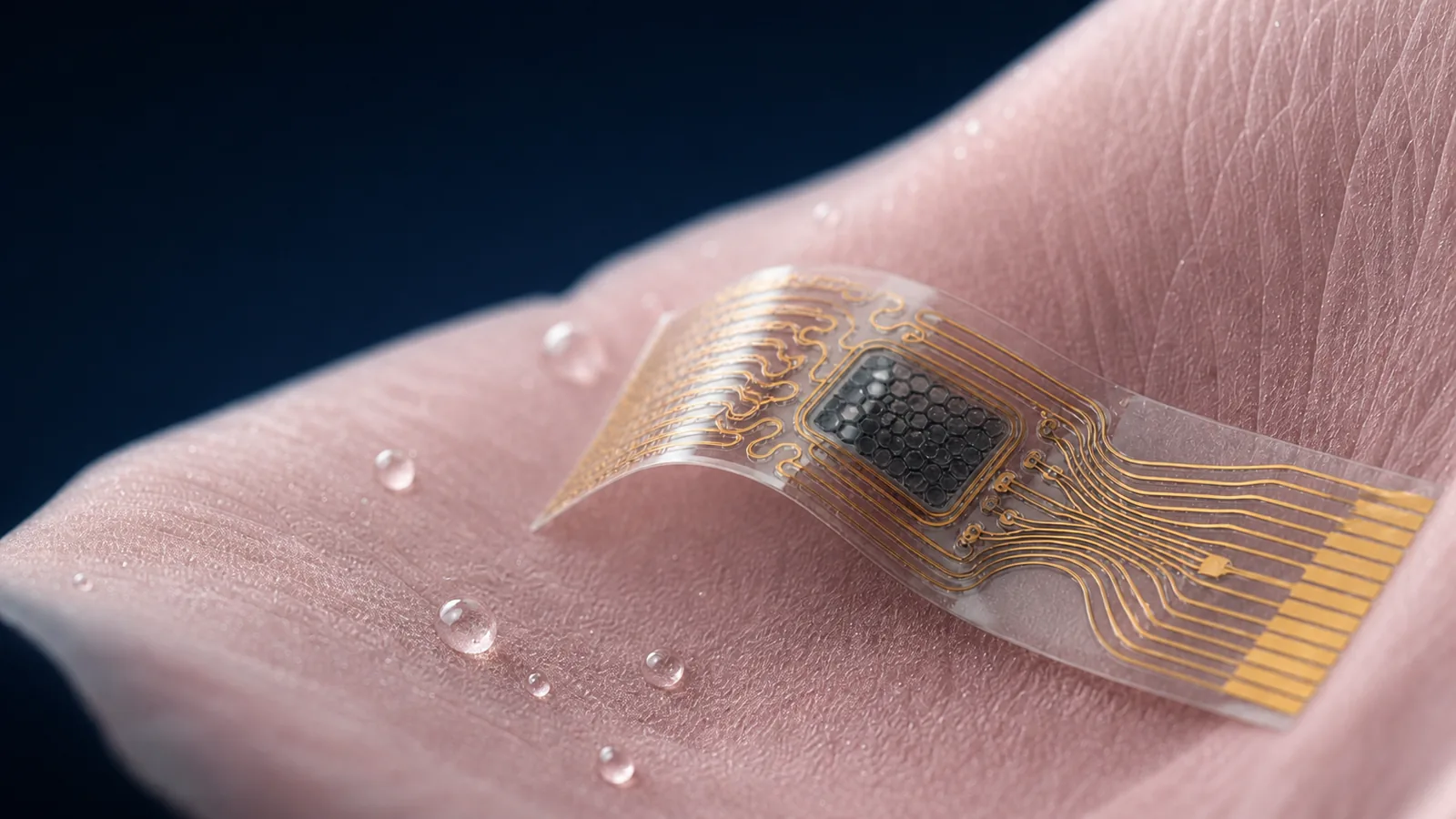 Flexible wearable sweat sensor with water droplets beading on skin, inspired by the rose-petal effect